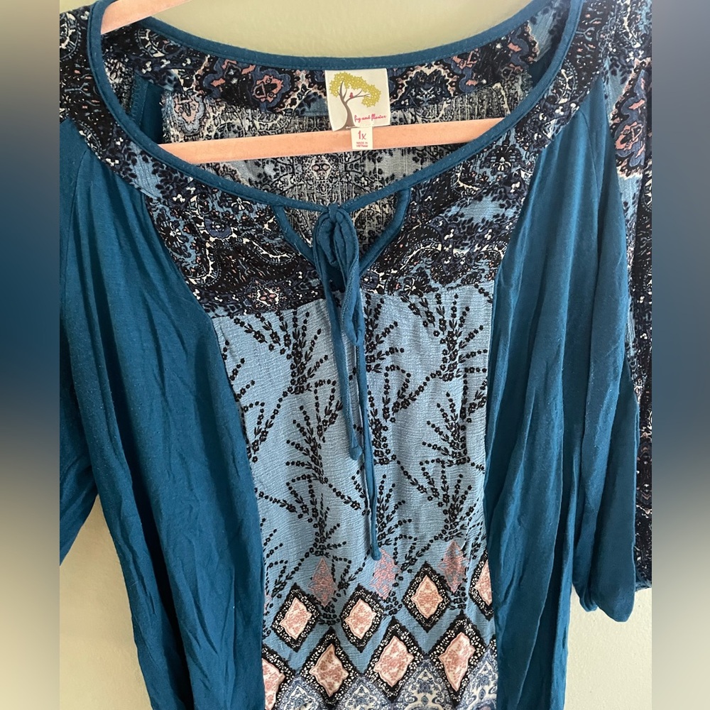fig and flower floral top Peasant Style 3/4 Sleeve Tunic Size XL whimsigoth Boho - Picture 2 of 3